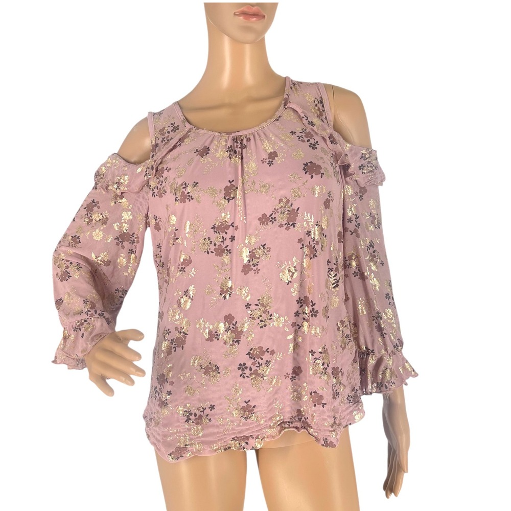 Poppi Floral Cold Shoulder Top Gold Accents Ruffle Sleeve Blouse M Balletcore